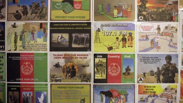 Leaflets made by the British Army 15 (UK) Psychological Operations Group are displayed in their office at the British army base Task Force Helmand Headquarter on July 25, 2008 in Lashkar Gah