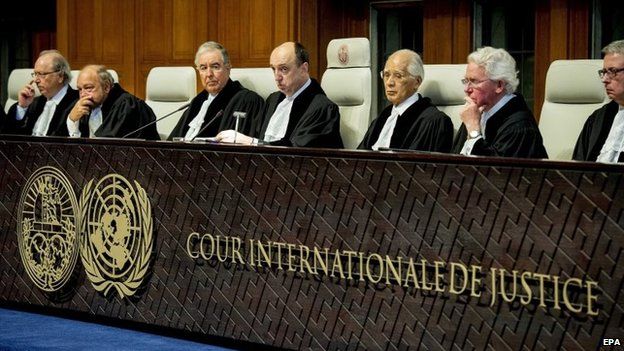 President of the Court, Judge Peter Tomka (centre) during the verdict on genocide claims brought up by Croatia against Serbia, at the UN International Court of Justice (ICJ) in The Hague, The Netherlands, 3 February 2015