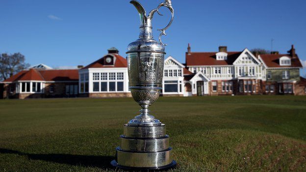 The Claret Jug in front of the clubhouse at Muirfield