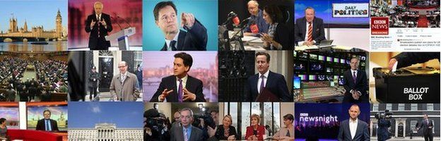 Composite images of politicians, historic election moments and BBC broadcasters