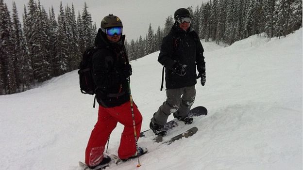 Dan Fish and friend Rhys on a previous snowboarding trip to British Columbia in Canada