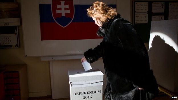 A woman casts her ballot during a referendum about same-sex marriage, ban of gay and lesbian couples from adopting and sex education classes in schools, in Bratislava, Slovakia, 7 February 2015
