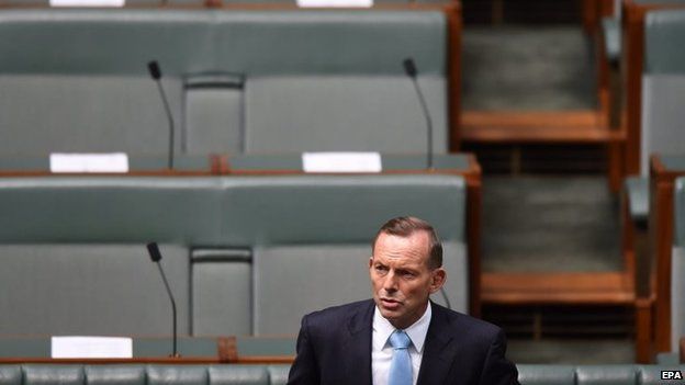 Australian Prime Minister Tony Abbott speaks during a condolence motion for the Sydney siege survivors at Parliament House in Canberra (09 February 2015)