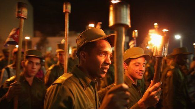 Young members of the Cuban military participate in the March of the Torches from the University of Havana on 27 January 2015 in Havana, Cuba.