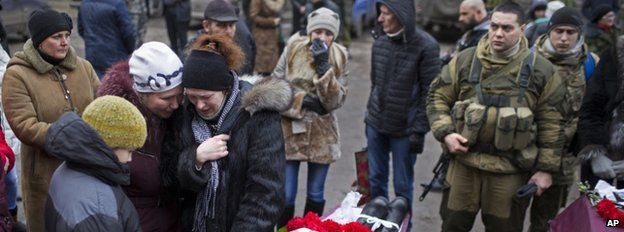 The funeral of a rebel fighter in Vuhlehirsk, Donetsk, 5 February