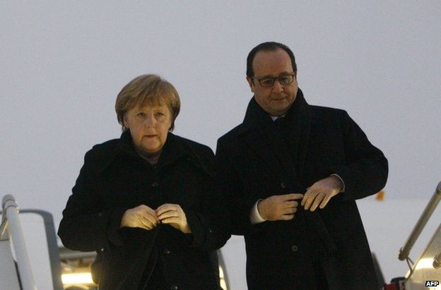 German Chancellor Angela Merkel and French President Francois Hollande land in Minsk, 11 February