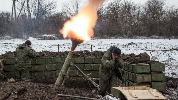 Rebels fire a mortar towards Ukrainian government troops north-east of Debaltseve - 11 February 2015