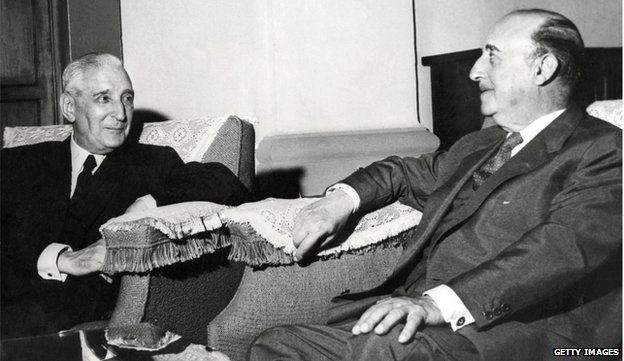 General Francisco Franco (R) with Portuguese President and dictator Antonio de Oliveira Salazar in 1960