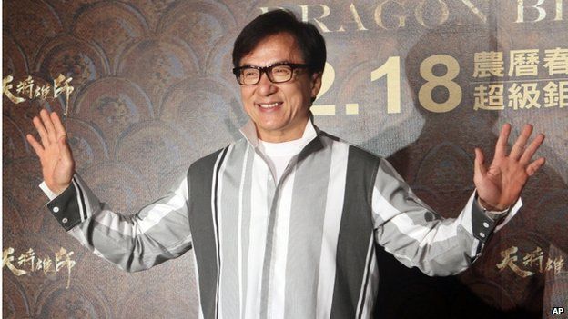 Hong Kong actor Jackie Chan poses for photo call during an event to promote his new movie "Dragon Blade" in Taipei, Taiwan, Thursday, 12 February 2015