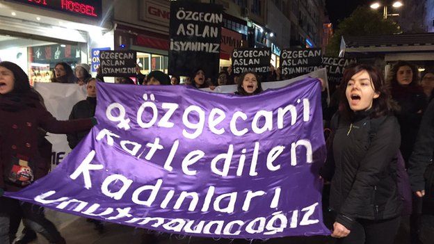 Women hold banners - some reading "Ozgecan Aslan is our rebellion" - during protests in Istanbul on Saturday night