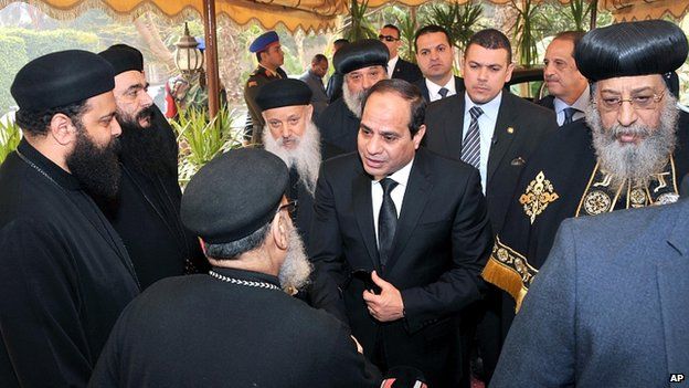 President Sisi arrives at St Mark's Cathedral in Cairo. 16 Feb 2015