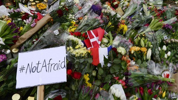Flowers placed in front of the Krudttonden cultural centre in Copenhagen, Denmark 16/02/2015