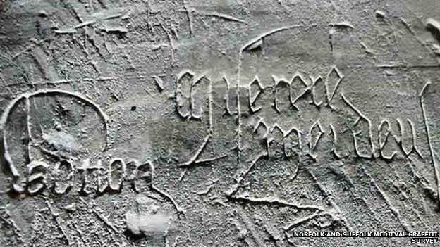 Plague graffiti, St Mary the Virgin, Sawston, Cambridgeshire saying Watton and 'miserere mei deus' (may God have mercy upon)