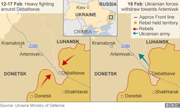 Map showing the besieged city of Debaltseve in eastern Ukraine