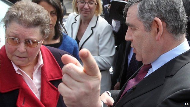 Gordon Brown speaking to Gillian Duffy, Rochdale, during 2010 general election campaign