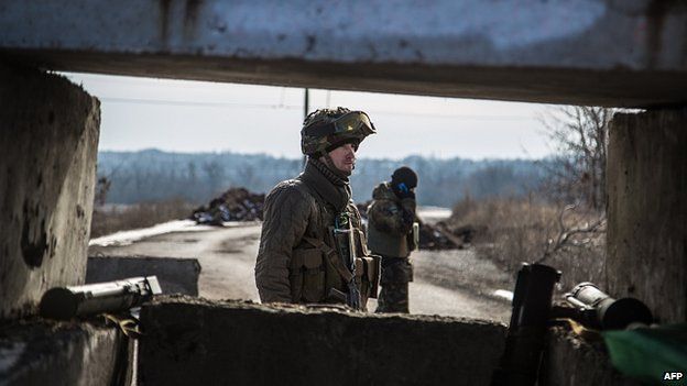 Government checkpoint in village of Novoluganskoye near Artemivsk in the Donetsk region. 19 Feb 2015