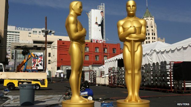 Oscar statues are shown in preparation for the 87th Academy Awards in Hollywood