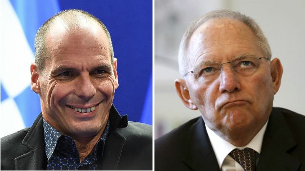 Greek Finance Minister Yanis Varoufakis, left, and German Finance Minister Wolfgang Schaeuble