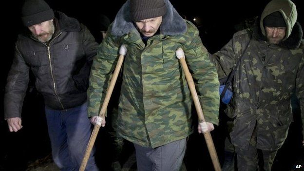 Ukrainian prisoners march to the prisoner exchange - 21 February