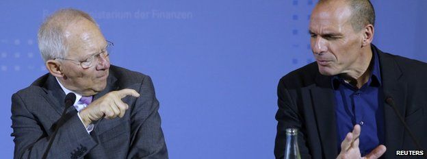 Greek Finance Minister Yanis Varoufakis (right) and German Finance Minister Wolfgang Schaeuble address a news conference following talks at the finance ministry in Berlin, 5 February