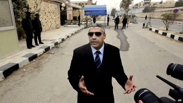 Al-Jazeera journalist Mohamed Fahmy speaks to the media outside a court in Cairo, Egypt - 23 February 2015