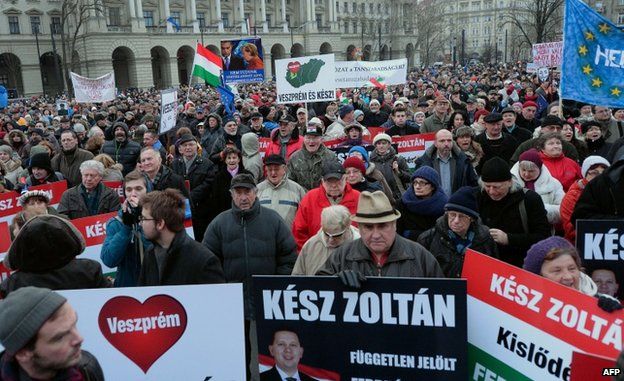 Protesters back Zoltan Kesz at a rally in Budapest (1 Feb)