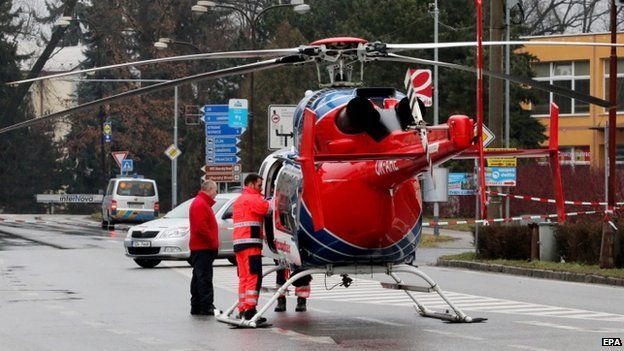 A helicopter at the scene of a gun rampage in the Czech Republic
