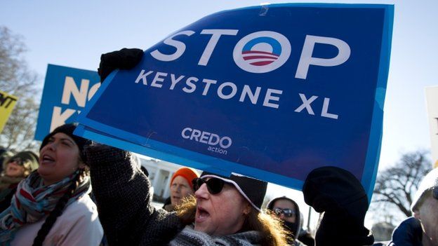 Demonstrator Sharon Garlena and others rally in support of US President Obama's pledge to veto any legislation approving the Keystone XL pipeline, outside the White House in Washington on 10 January 2015.