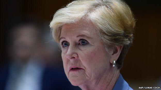 President of the Human Right Commission Prof. Gillian Triggs speaks during a Senate Estimates hearing at Parliament House in Canberra, Tuesday, Feb. 24, 2015.