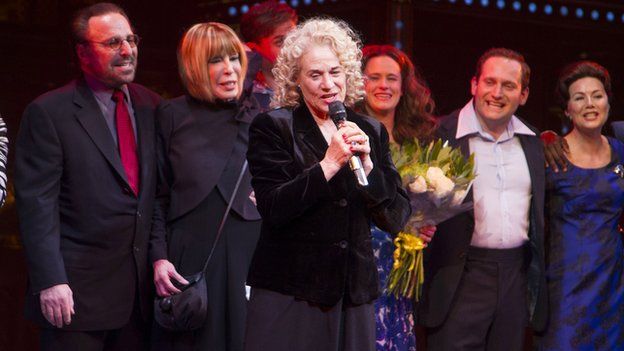 Carole King (centre) on stage with Barry Mann, Cynthia Weil and cast members of Beautiful