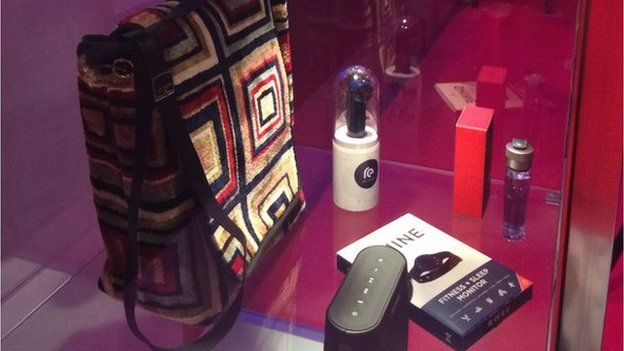 The Brits goody bag for men, a carpet bag, speaker, after shave and a video camera
