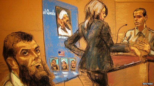 Abid Naseer (L), 28, listens as Assistant U.S. Attorney Zainab Ahmad questions Najibullah Zazi (R) during the first day or Naseer"s trial, in this courtroom sketch in Brooklyn, New York February 17, 2015
