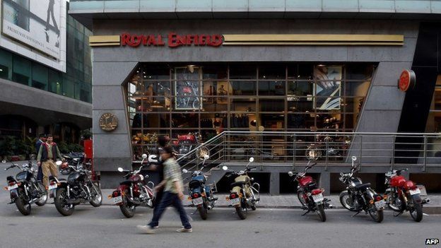 This photograph taken on February 13, 2015, shows a general view of a Royal Enfield showroom in New Delhi.