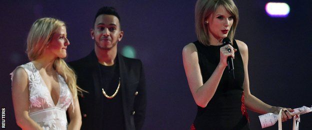 Ellie Goulding, Lewis Hamilton and Taylor Swift at the Brit Awards