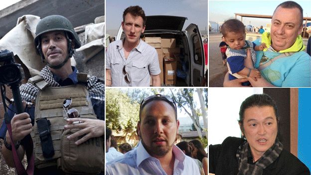(Clockwise from left) James Foley, Abdul-Rahman (Peter) Kassig, Alan Henning, Kenji Goto and Steven Sotloff