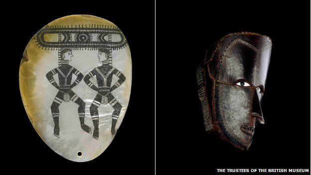 A pearl shell ornament known as a riji or jakuli, left, and a mask made from turtle shells from the Torres Strait Islands