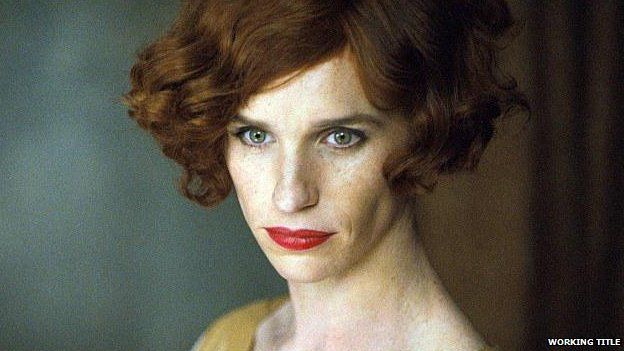 Eddie Redmayne with make-up and a more feminine hairstyle