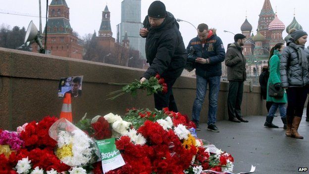 Flowers left at the site of Boris Nemtsov's killing, Moscow, 28 Feb 2015