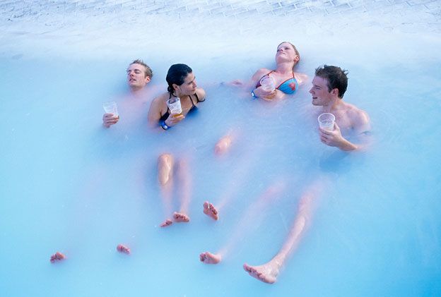 People drinking beer in the blue lagoon