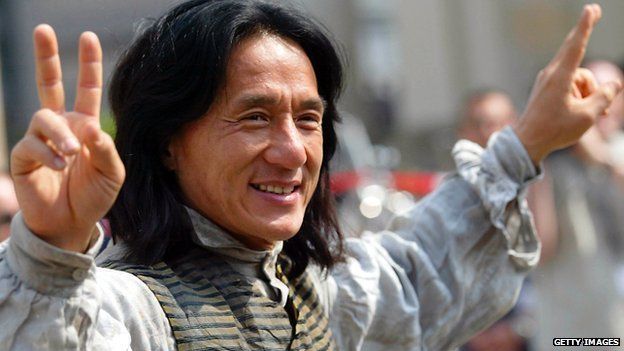 Actor Jackie Chan gestures as he stands on the set of his new movie 'Around the World in 80 Days' on 6 May, 2003 in Berlin, Germany