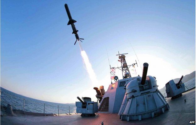 This undated picture released from North Korea's official Korean Central News Agency (KCNA) on 8 February 2015 shows the test-firing of a new type of "anti-ship rocket", to be equipped at Korean People's Army (KPA) naval units, at an undisclosed location at sea off North Korea.