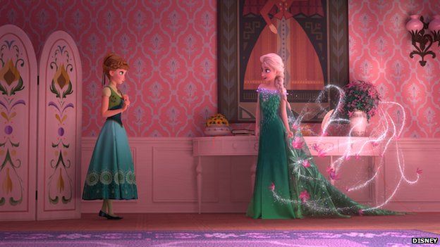 Anna and Elsa in green dresses