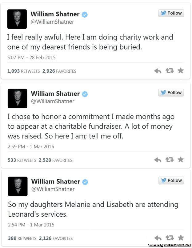 William Shatner's tweets about Leonard Nimoy