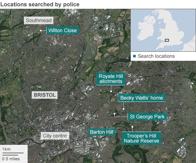Map of key areas in Becky Watts search