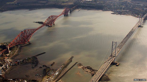 on a flight in a Cessna 172. One of Edinburgh Airport runway and one of the Forth Road and Rail bridges.