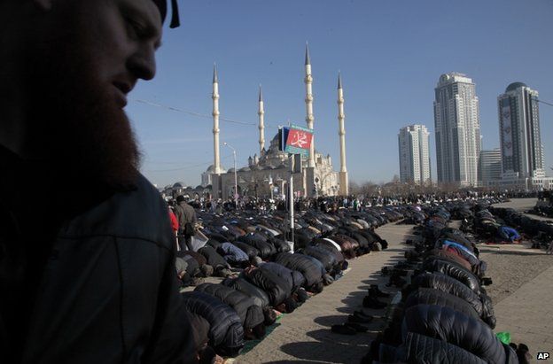 Muslims pray at a protest against Charlie Hebdo magazine in Grozny, Chechnya, 19 January