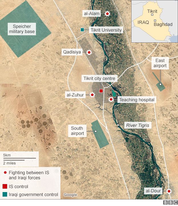 Map showing locations of fighting between Iraqi government forces and Islamic State in and around Tikrit (3 March 2015)