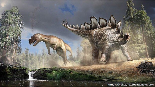 Artist's impression of Stegosaurus and T rex