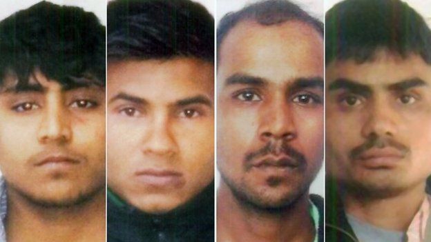 Composite of Delhi Police hand out photos of Vinay Sharma , Pawan Gupta, Mukesh Singh, Akshay Thakur convicted for the notorious December 2012 gang rape and murder of a female student on a bus in the Indian capital, Delhi.