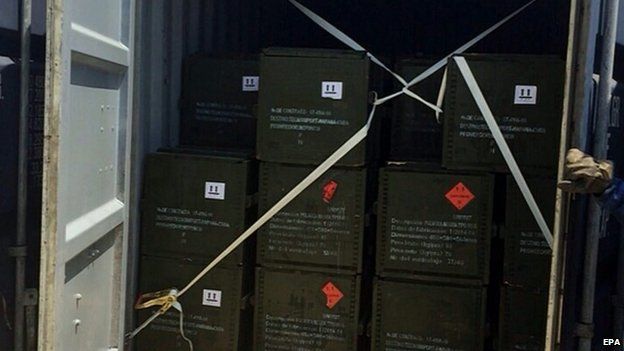 A handout photo released by Colombia's Prosecutor Office shows a container with box of weapons seized by Colombian authorities at Chinese cargo ship "Da Dan Xia" in Cartagena, Colombia, 03 March 2015.